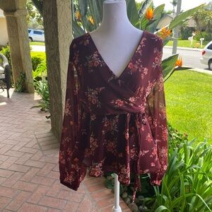Floral Wrap Top - Burgundy